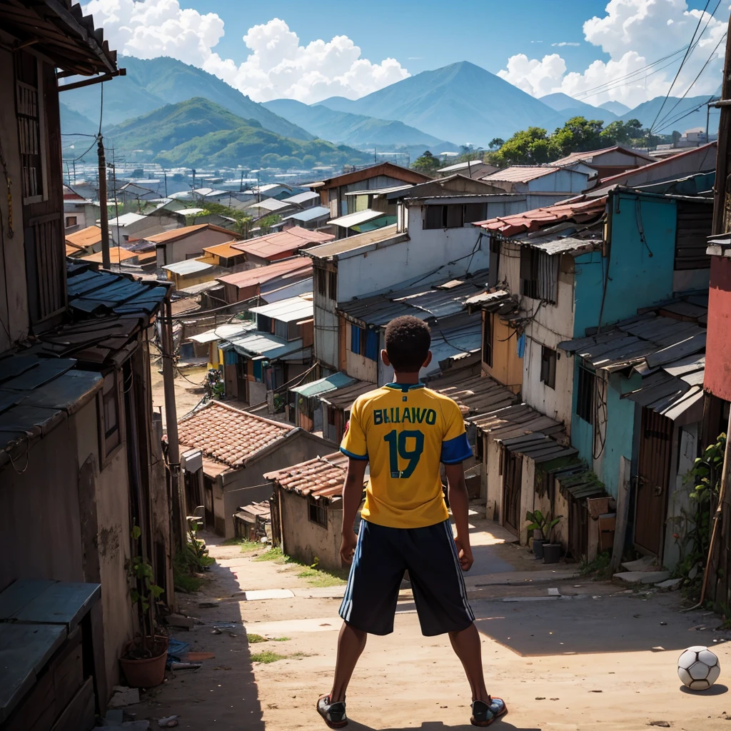 Draw a high definition image in the style of a football team shield, with sharp strokes, depicting a brown-skinned boy from the back, holding a soccer ball with one hand. The boy must be looking at a Brazilian favela in the background, with colorful houses stacked on hills, capturing the vibrant atmosphere and reality of the community. The image should not have rich details and vibrant colors, but it must reflect both the hope and the challenges of the environment.
