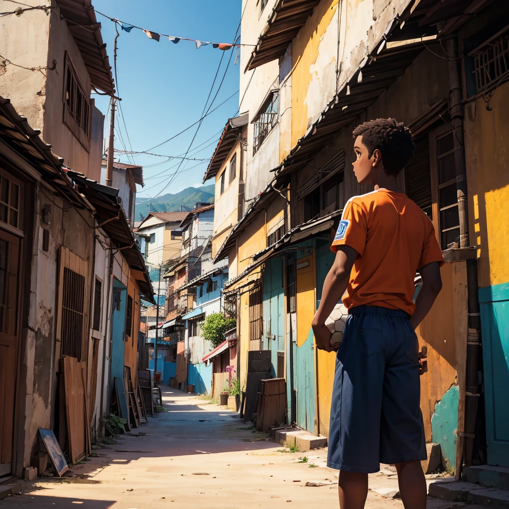 Draw a high definition image in the style of a football team shield, with sharp strokes, depicting a brown-skinned boy from the back, holding a soccer ball with one hand. The boy must be looking at a Brazilian favela in the background, with colorful houses stacked on hills, capturing the vibrant atmosphere and reality of the community. The image should not have rich details and vibrant colors, but it must reflect both the hope and the challenges of the environment.