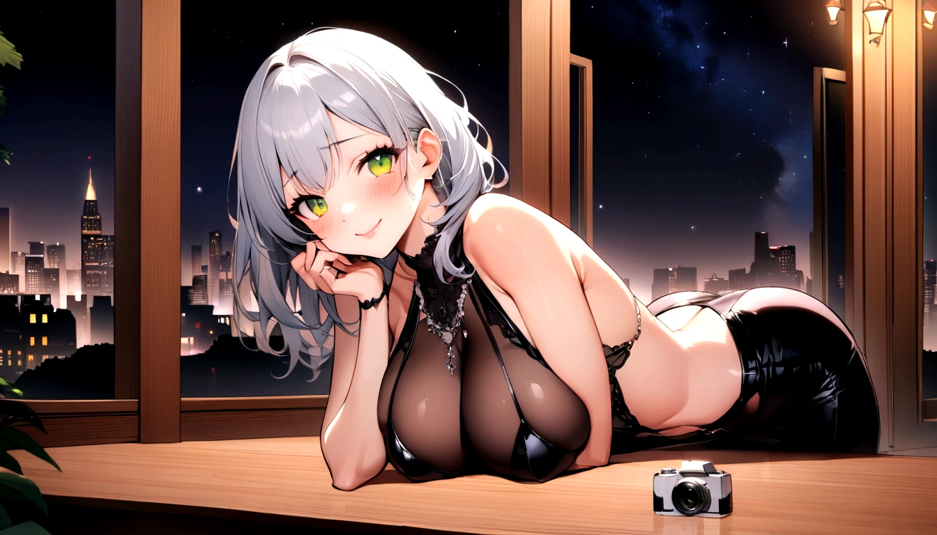 Tabletop, Highest quality, shape, Very detailed, In detail, High resolution, 8k wallpaper, Perfect dynamic composition, Beautiful attention to detail, ,Medium Hair、Natural color lips, Bold sexy pose,smile,((One 20-year-old girl))、Big Breasts、Big Ass、Balcony at night、The stars are beautiful、cute、sexy shot looking at camera、Embarrassed expression