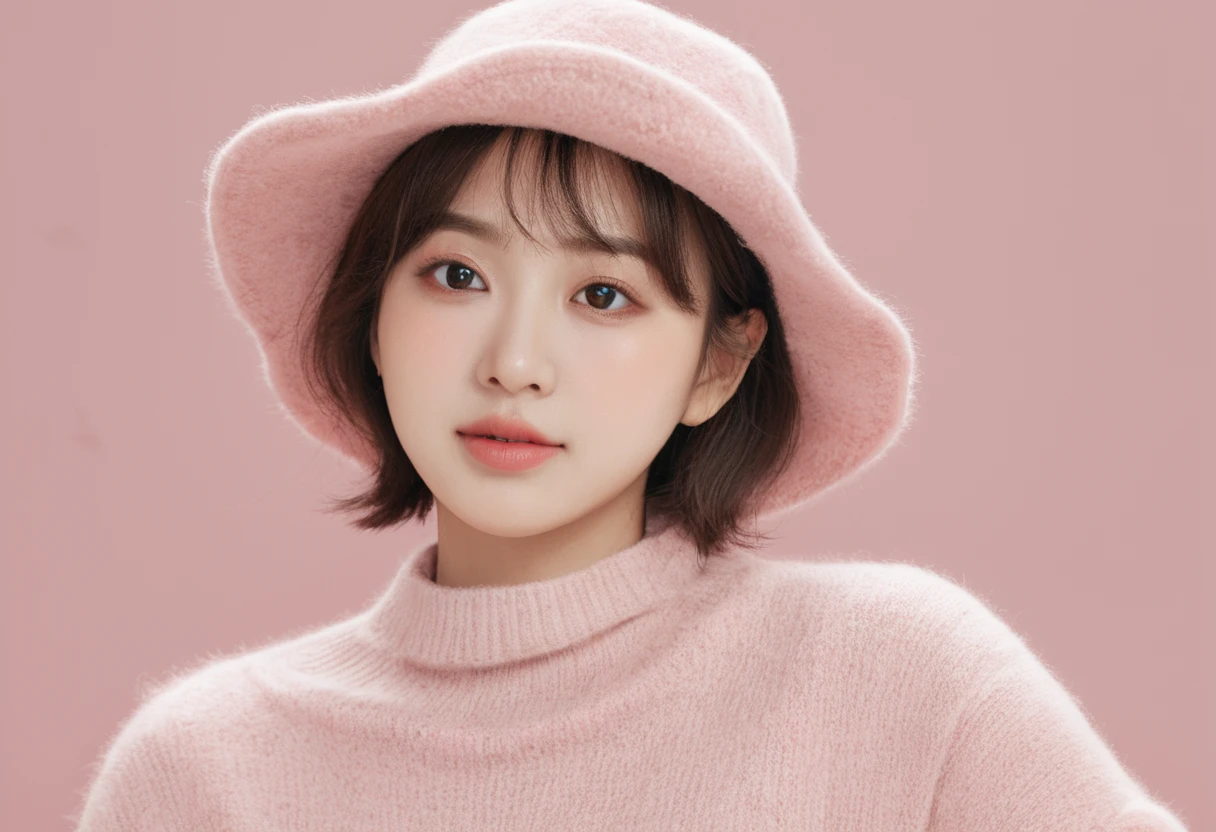 Ultra-wide angle shooting, Front view, Elegant woman, (Photorealistic)、(Intricate details:1.2)、(masterpiece、:1.3)、Facial beauty, (Highest quality:1.4)、(Ultra-high resolution:1.2)、Ultra-high resolution、(Detailed eyes)、(Detailed faceの特徴), ((Realistic lighting、Highest quality、8K、Natural light, masterpiece:1.3))、Bright photo, Clear focus:1.2、One Girl、Perfect beauty:1.4、Super Fine Face、 Woman wearing a pink hat and sweater, gorgeous young Korean women, beautiful young Korean women, beautiful south Korean women, Korean Girls, Ulzzang, A lovely and delicate face, Young and adorable Korean face, Popular Korean makeup, Beautiful Asian Girl, Girl cute beautiful face, Korean women, sakimichan, Popular Korean makeup, Big narrow eyes、double eyelid、Photo Real, Perfect Eyes, Perfect Skin, Detailed skin, Detailed face, The audience watching, Front view, Portraiture, RAW Photos, Simple soft pink background, (intricate Detailed skin textured:1.4) Front view, The audience watching, Clear Face, 1 Girl、Polate、Bright and very beautiful face、beautiful girl, A stunning close-up portrait showing off the beauty of the Korean model. The composition is soft, Natural lighting , Bright Eyes, Impressive cheekbones. Her Shiny, The background is simply black., Wear a black sweatshirt, Neat hair, Long Hair, Instagram Model, Profile photo, Bright and natural