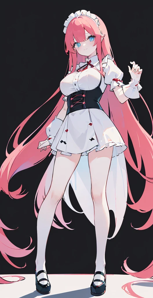 (long beautiful red hair) cyan eyes, (Eyes behind long bangs) big breasts, using accessories (using socks) perfect shiny beautiful reds shoes (Wearing luxurious palace maid clothes Perfect perfect noble) Pose facing sideways (Girl1, straight hair not too long, bangs covering one eye, soft face, gentle smile) ((Standing position with long legs, bare thighs, image position visible from bottom of feet to top of head) long red hair, beautiful cyan eyes (Free pose, right hand down, left hand down, ((Free pose))smile kawai, (black white background) Wearing a reds corset, (Using a beautiful bright blue ribbon) Kawai shy cute eyes (reds colored shoes must be shiny, Must wear short white socks) ((short skirt)) short sleeves (image according to tag)