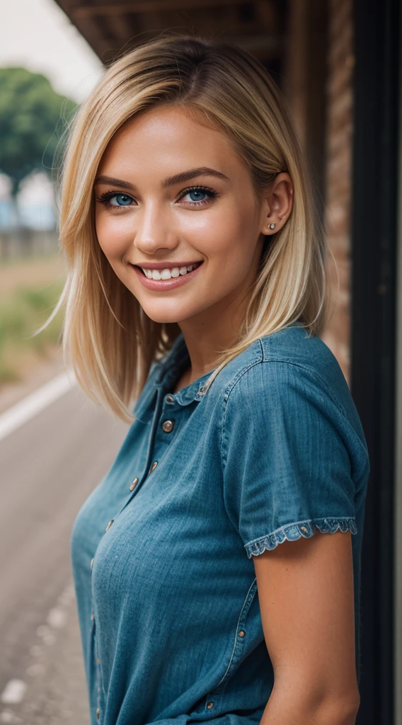 Photorealistic, Best Quality, Instagram Model, (Hyper Detailed: 1.4), Posing for a Photo Near the Road, ((Looking at Camera: 1.1)), Short Blonde Hair, Blue Eyes, Detailed Eyes, Beautiful European Young Woman, (Highly Detailed Face: 1.4), Exuding a Natural Glow, Soft Lightning, Time of Day, Road View, Amazing Beauty, (Smile Smile: 1.3), Shy, Seductive, Vivid Colors, Subtle Shadows