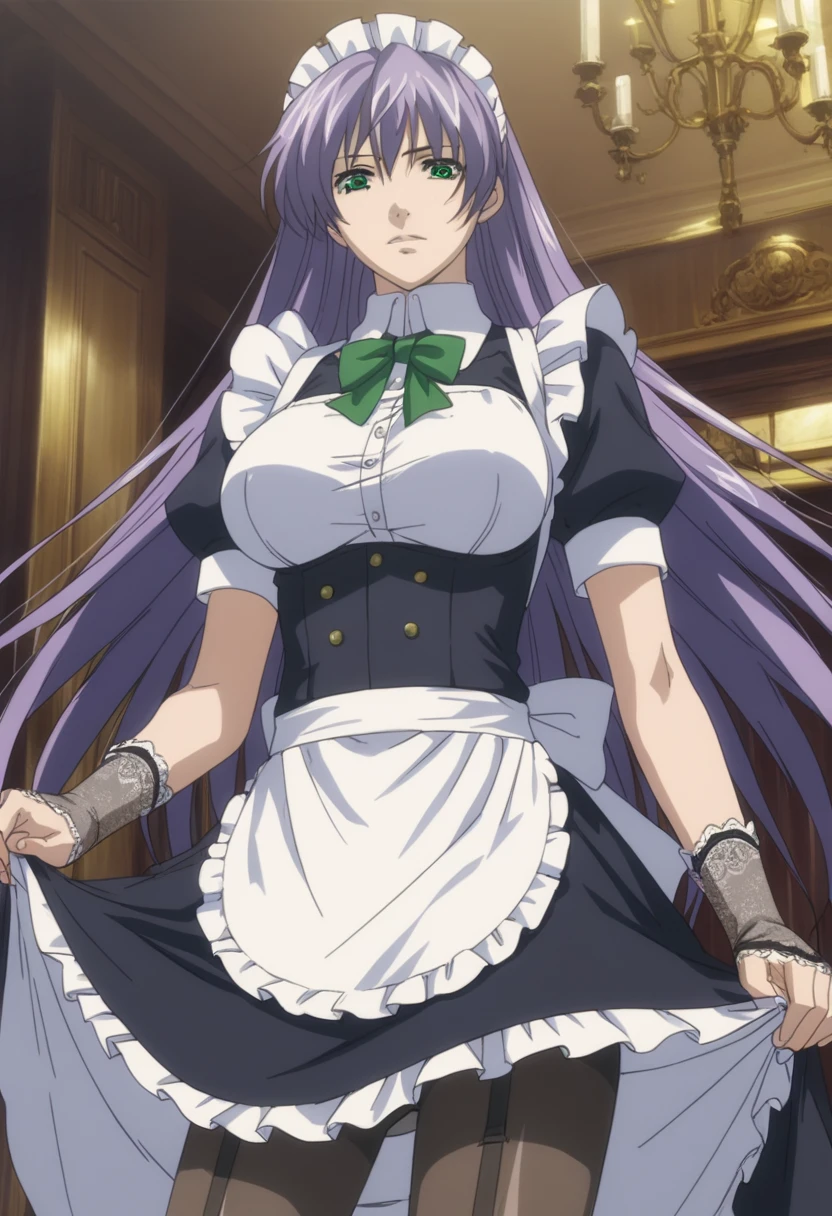 best quality,masterpiece,looking at viewer,absurdres,1girl,score_9,score_8_up,score_7_up,source_anime BREAK sasha,green eyes,purple hair,long hair,large breasts,maid,suspenders,pantyhose,lace gloves