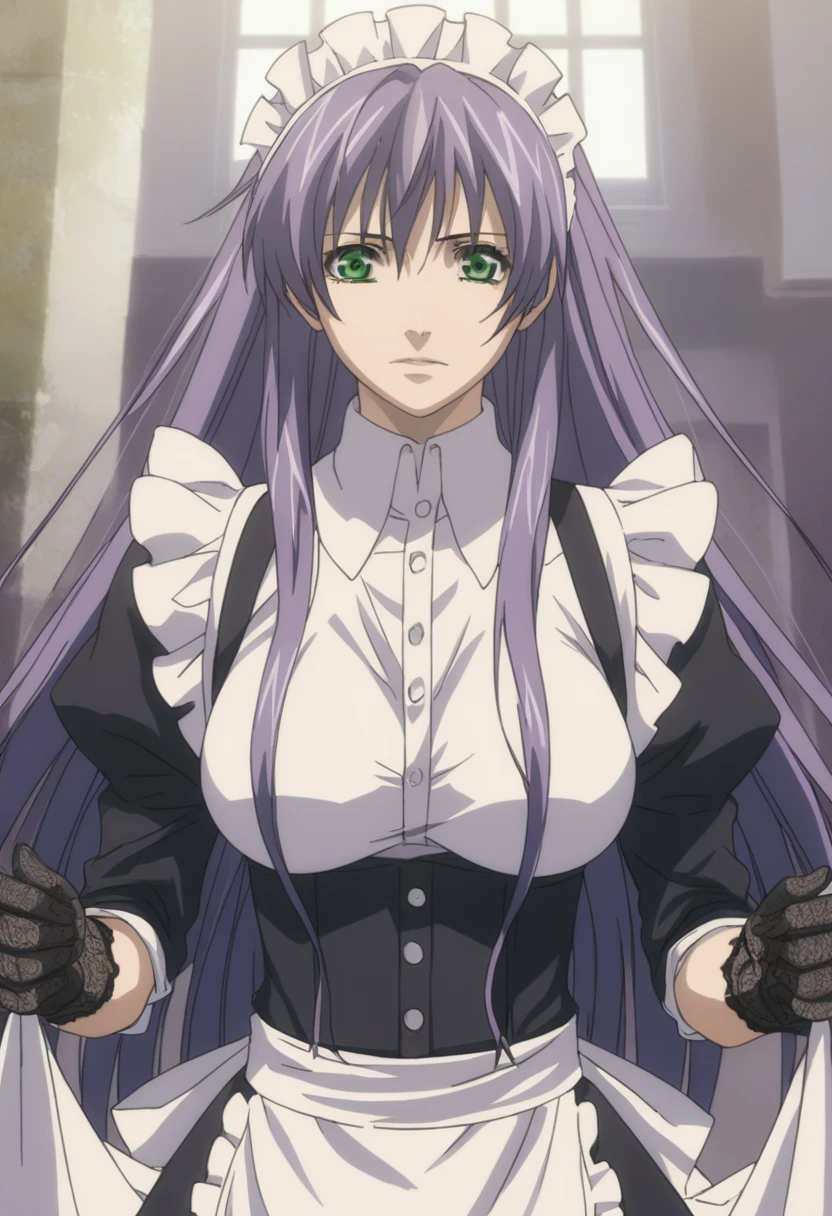 best quality,masterpiece,looking at viewer,absurdres,1girl,score_9,score_8_up,score_7_up,source_anime BREAK sasha,green eyes,purple hair,long hair,large breasts,maid,suspenders,pantyhose,lace gloves