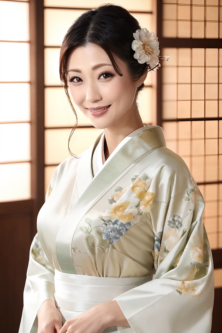 (最high quality、Tabletop、8K、Best image quality、Award-winning works)、(一人のbeautiful成熟した女性:1.1)、Adult face、(Innkeeper:1.1)、(Elegant white kimono with floral pattern:1.2)、(A kimono with a perfect and precise collar:1.2)、Perfect mature woman portrait photo、Glowing Skin、Standing Elegantly、(Blurred elegant and exquisite perfect Japanese style room background:1.3)、(The most natural and perfect tidy Japanese style room background:1.2)、(Strongly blurred background:1.2)、(Tyndall effect:1.2)、(The most romantic and moody:1.2)、Glowing White Skin、Very white skin、(Accentuate your body lines:1.1)、(The most graceful posture:1.2)、(Large Breasts:1.2)、A perfect smile、完璧なbeautiful光沢のある唇、(Accurate anatomy:1.2)、(A perfect and elegant outfit:1.1)、(Standing with good posture:1.1)、(beautiful, high quality, Large kimono obi:1.2)、(Long kimono:1.2)、(完璧で自然なbeautiful袖:1.2)、(完璧で自然なbeautiful衿:1.2)、(完璧で自然なbeautiful着物:1.2)、(完璧で自然なbeautiful袂:1.2)、(完璧で自然なbeautiful柄付きの帯:1.2)、(Chignon:1.2)、(Huge breasts:1.4)