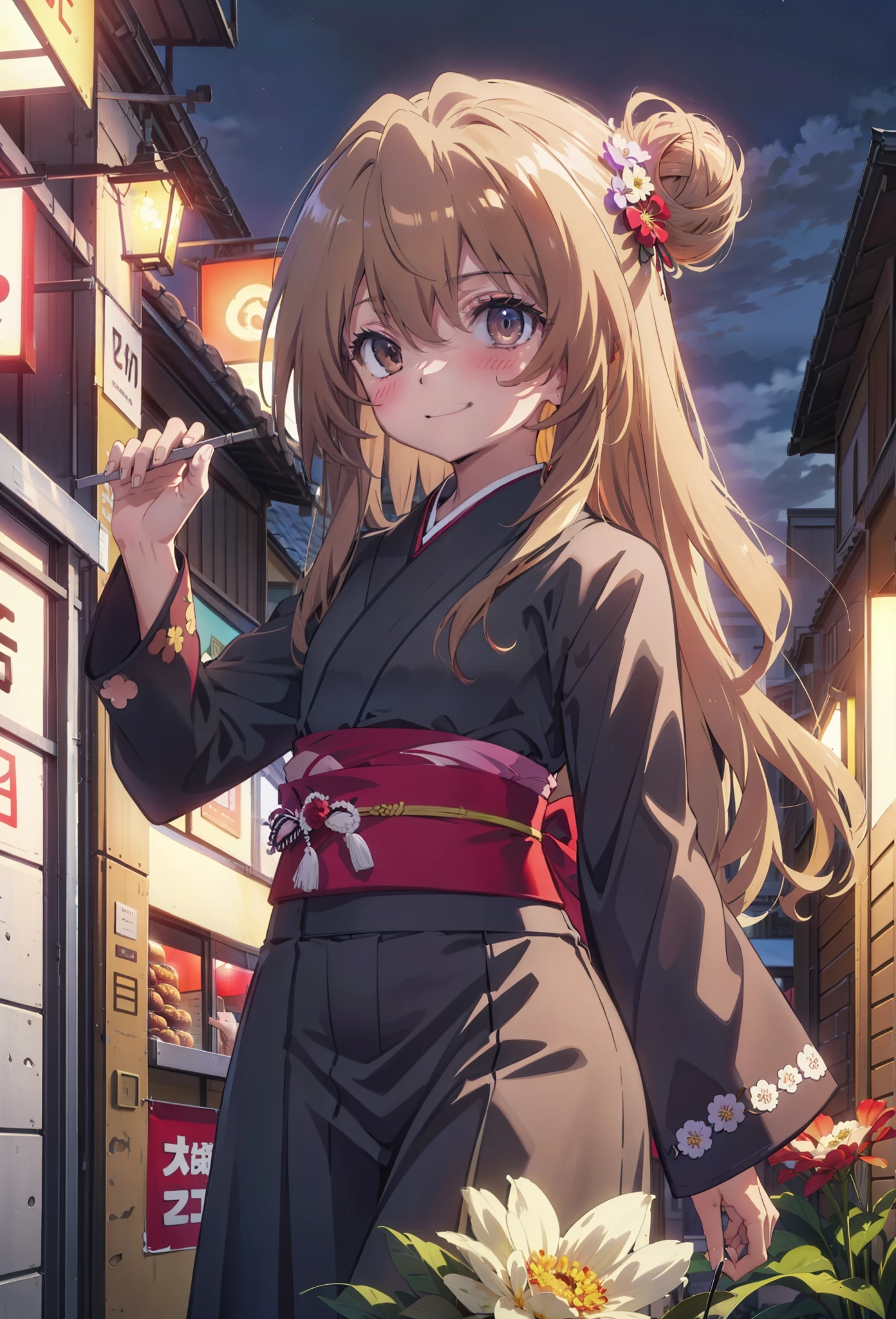 taiga aisaka, taiga aisaka, Long Hair, Brown Hair, Brown eyes,happy smile, smile, Close your mouth,Hair Bun, single Hair Bun,Flower Hair Ornaments,Black kimono,Thick sleeves,,Japanese Festivals,Summer festival food stalls,Red lantern,night,As if your whole body is in the illustration,Walking, break looking at viewer, Upper Body (Cowboy Shot:1. 5),
break outdoors, Area,
break (masterpiece:1.2), Highest quality, High resolution, unity 8k wallpaper, (shape:0.8), (Beautiful attention to detail:1.6), Highly detailed face, Perfect lighting, Highly detailed CG, (Perfect hands, Perfect Anatomy),