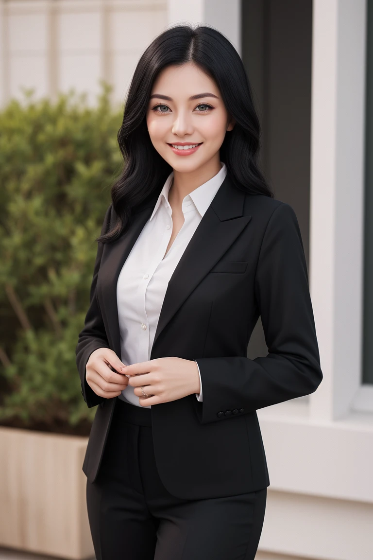 black haired woman, entrepreneur, friendly and dynamic. with beautiful smile. Elegant and formal clothes. greeneyes.