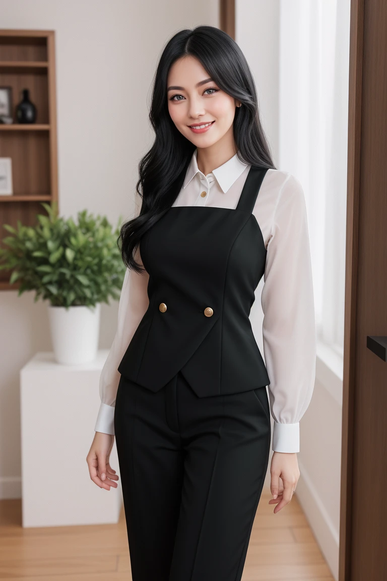 black haired woman, entrepreneur, friendly and dynamic. with beautiful smile. Elegant and formal clothes. greeneyes.