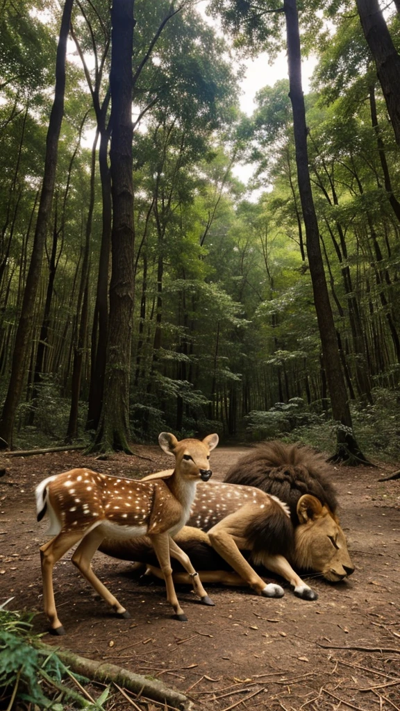 Two baby deer are sleeping in a forest. A lion stands in front of them.