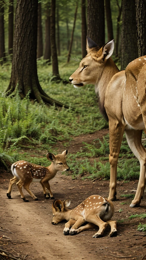 Two baby deer are sleeping in a forest. A lion stands in front of them.