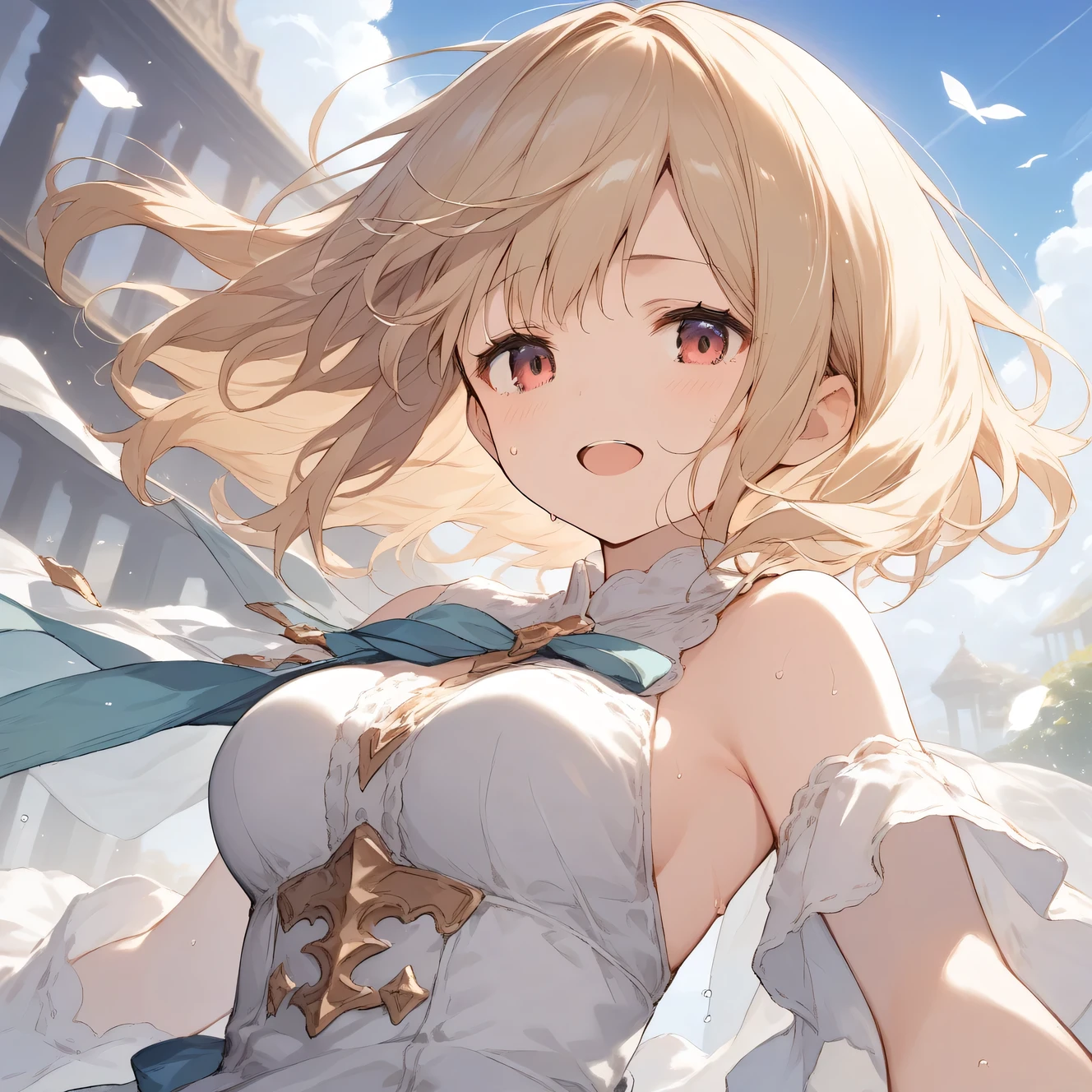 score_9, score_8_up, score_7_up, source_anime, best quality, masterpiece, official art, absurdres, highres, ultra-detailed,waifu2x,Collection: Slice of Life,break,djeeta \(granblue fantasy\),short hair, blonde hair, gloves, brown eyes, medium breasts, sweat, open mouth, sleepily, outdoors, wind,break,(clear line illustration:1.2), super detailed skin,very high resolution, very aesthetic, Best sexual lighting powered by famous artist, 8k,cute picture,beauty illustration,photoshop_(medium),,(Detailed Lighting),best anime 8k konachan wallpaper, pixiv contest winner,