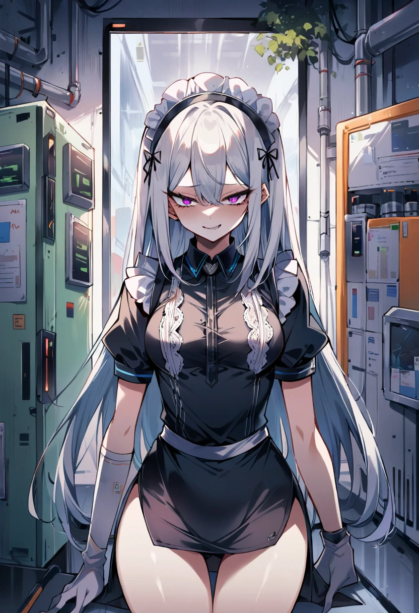 (Perfect Anatomy:1.2, Highest quality),(Maid leotard details:2.0),One Girl,alone,Long Hair:1.5, (Short sleeve, Thighs,Maid Cufflinks),,(High heel lace-up boots:1.4), (Without skirt:3.0),Dark aura,Leotrad,,love for viewers,Look down,(at a research facility:1.8),full body,evil smile,