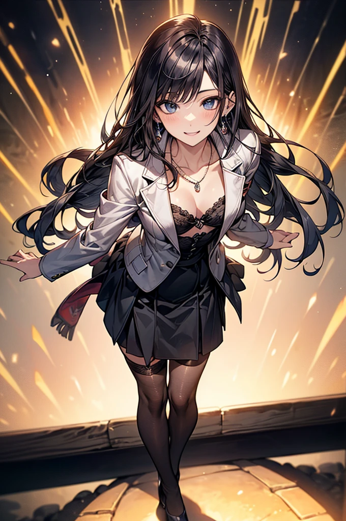 ((Biologically correct limb count))、(( Full-body photo including face))、4K、((Standing position))、masterpiece、((Focus on the face))、((Symmetrical facial features))、Eye for detailed depiction、Beautiful blue-haired woman、Excellent style、Beautiful clavicle、Beautiful feet、Beautiful Hands、Slender body、(blazer、skirt、Black Stockings、garter belt、High heels)、Facial detailing、Small earrings、necklace、tie、Looking at the night view、(Low - Angle、下からskirtの中を撮影するカメラアングル)、(((Black Hair、Silver Hair)))、((A big smile)))、((Face forward and stick your chin out))、Close-up photo of the upper body、