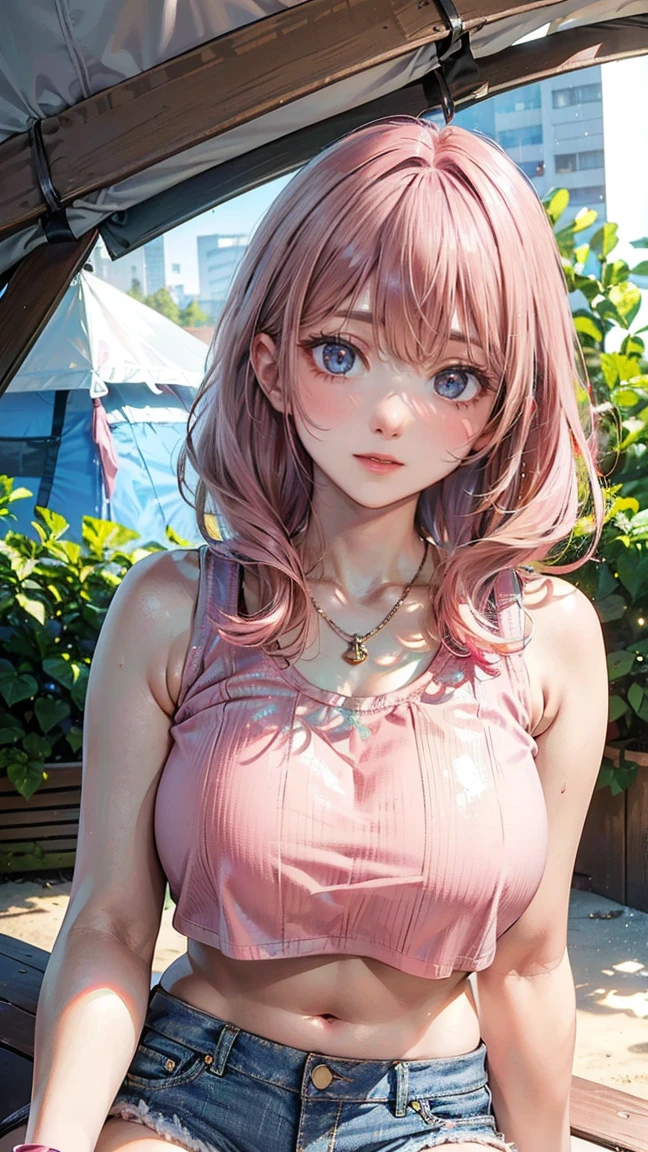 (Masterpiece, BestQuality:1.3), (ultra detailed:1.2), (hyperrealistic:1.3), (RAW photo:1.2), High detail RAW color photo, professional photograph, (Photorealistic:1.4), (realistic:1.4), (Pink Hair:1.5), professional lighting, perfect anatomy, (Big Breasts:1.2), (blush, detailed face), (cheerful Smile:1.5), Trending Hair&Trending Hairカラーをランダムに, earrings, necklace, bracelet, sexly, erotic sexly, Random sexy gravure poses, (Beautiful woman wearing a light green crop top and denim shorts、Happy faces at the campsite、Wooden Bracelet、Sitting pose in front of a tent。:1.3)