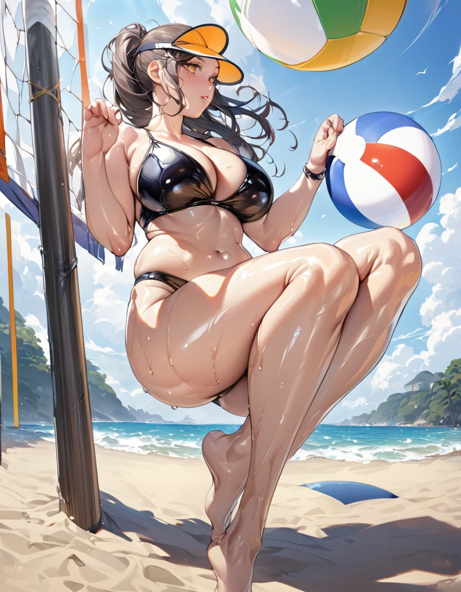 Young beautiful woman,(Highest quality,Extremely detailed depiction,Incredibly absurd high resolution,Anatomically accurate depiction,Two lovely hands, Five perfect fingers,Curvy Legs),(Glowing Skin,Shiny skin,Oilskin),Beach Volleyball,Latex Swimwear,There is cleavage in the chest,Glossy Lips,Flying beach ball,visor,Sweat,whole body,background:Beach Volleyballの会場,blue sky