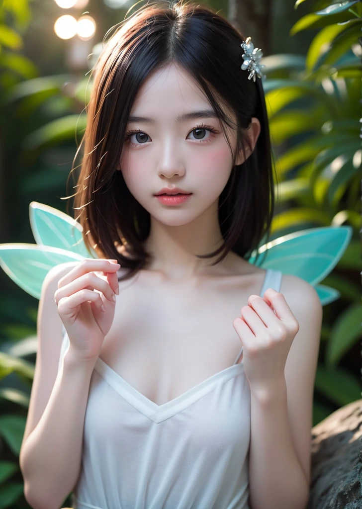fairy tale、Cute Fairy、Beautiful woman、Hold a light in a spherical glass with both hands、Looking at this、Deep in the forest、The glow of the noctiluca、Colorful design、Pop feel、Moonlit Night、moonlight、Perfect lighting、Sharp focus、High resolution、High resolution、High color rendering、High resolution、Ultra-realistic、Photo Real Photo of a Beautiful 20-Year-Old Japanese Woman、high quality、More skin、Shiny skin、Clear Face、Cinematography、Sharp focus