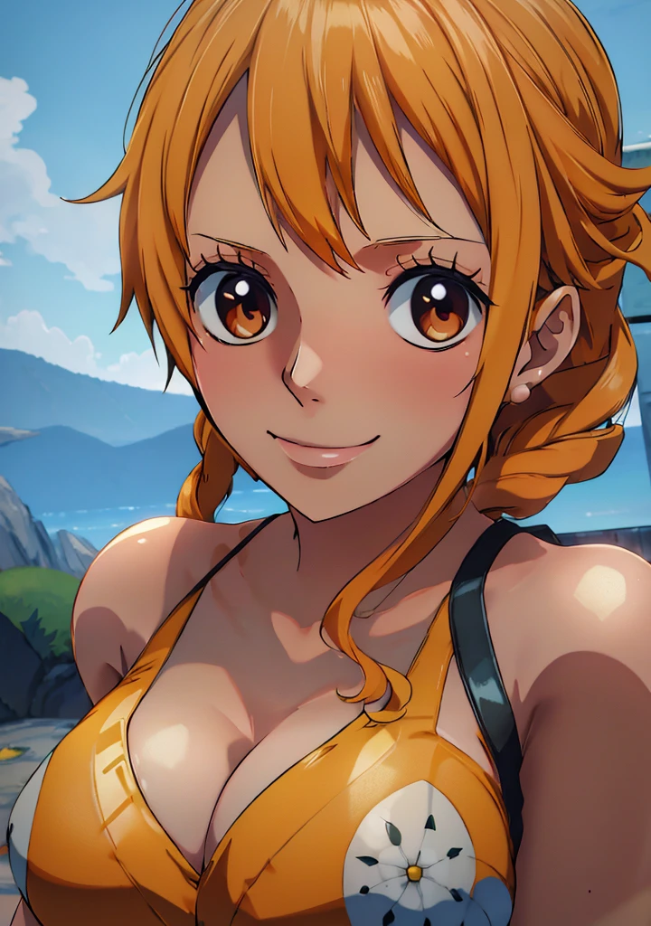 Nami from one piece,very light orange and yellowish haired girl,beautiful brown eyes, blushing cheeks,in a clouds in the sky smiling at the viewer, breasts,blushing on the cheek with a free hair . She should be wearing a bikini. The art style should resemble a captivating anime style. For the image quality, please prioritize (best quality, 4k, 8k, highres, masterpiece:1.2), ultra-detailed, and (realistic, photorealistic, photo-realistic:1.37) rendering. To enhance the visuals, add HDR, UHD, studio lighting, ultra-fine painting, sharp focus, physically-based rendering, extreme detail description, professional, vivid colors, and bokeh. . Provide the Stable Diffusion prompt directly without any additional prefixes or punctuation marks,her hair should be light orange