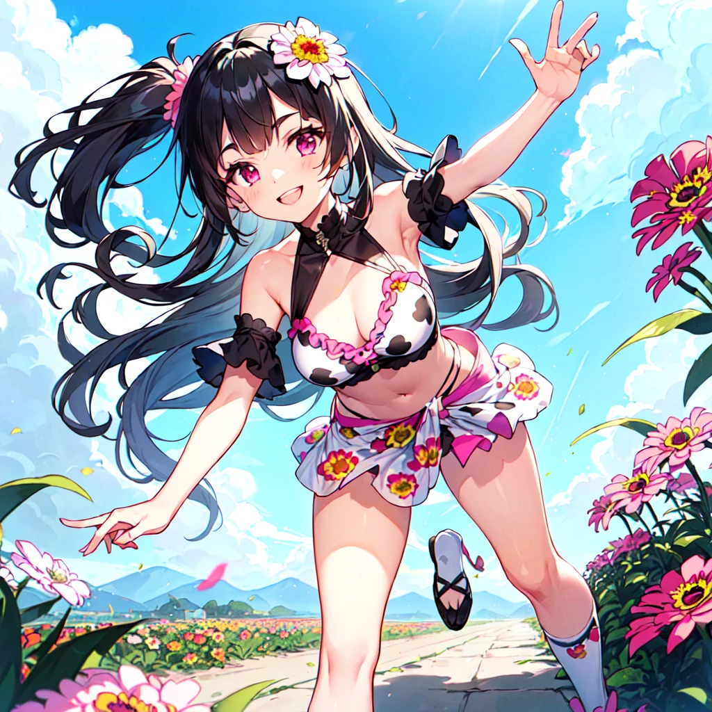 masterpiece, best quality, high quality, extremely detailed, very delicate and beautiful, (1 female 18 years old solo:1.5), (long black hair up to waist with two side up:1.5), bangs to eyebrows, eyes (eyes sharp, strong, glossy, glossy eyebrows, (eye color magenta:1.3), 6.5 head height, (zinnia flower print summer fashion:1.3), knee socks, lace, frills, (smiling), (running:1.3), (smiling)), (dynamic pose), (background zinnia flower field:1.3), (blue sky:1.3)