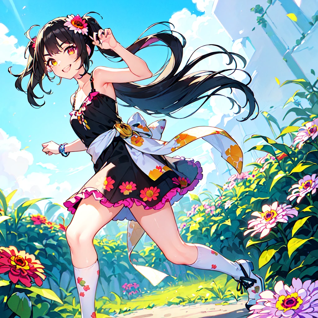 masterpiece, best quality, high quality, extremely detailed, very delicate and beautiful, (1 female 18 years old solo:1.5), (long black hair up to waist with two side up:1.5), bangs to eyebrows, eyes (eyes sharp, strong, glossy, glossy eyebrows, (eye color magenta:1.3), 6.5 head height, (zinnia flower print summer fashion:1.3), knee socks, lace, frills, (smiling), (running:1.3), (smiling)), (dynamic pose), (background zinnia flower field:1.3), (blue sky:1.3)