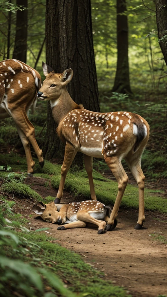 Two baby deer are sleeping in a forest. A lion stands in front of them.