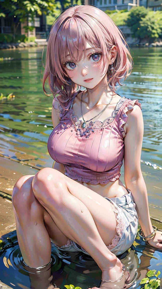 (Masterpiece, BestQuality:1.3), (ultra detailed:1.2), (hyperrealistic:1.3), (RAW photo:1.2), High detail RAW color photo, professional photograph, (Photorealistic:1.4), (realistic:1.4), (Pink Hair:1.5), professional lighting, perfect anatomy, (Big Breasts:1.2), (blush, detailed face), (cheerful Smile:1.5), Trending Hair&Trending Hairカラーをランダムに, earrings, necklace, bracelet, sexly, erotic sexly, Random sexy gravure poses, (Beautiful woman in a violet lace top and white shorts、A refreshing smile by the river、Silver necklace、Pose with feet in the river。:1.3)