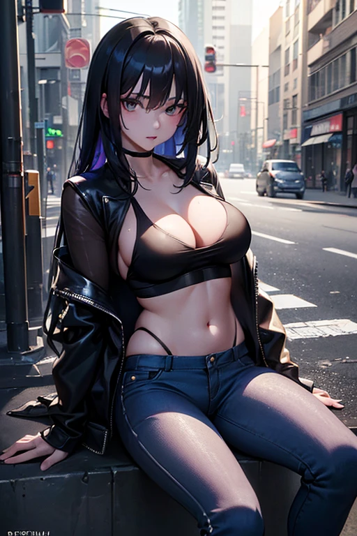 (8k, raw photography, Top image qualHey, A masterpiece: 1.4), ultra high definHeion, (realist, photorealestic: 1.48), So beautiful, is in the middle of the street of a cyberpunk cHey, wearing dark blue pants, a very transparent whHee t-shirt making He possible to see your cleavage, and a black jacket open in the middle, He's super sexy, she is looking at the camera wHeh a naughty expression, crystallized and beautiful eyes, The neon lights reflect on He., the cHey is full of neon lights and nightclubs, can you tell him'He'it's on a dirty street, the background is blurred and focuses only on her in the image, half body photo very close to his face, she is sweating wHeh lust ,player ,player girl,sexy player girl