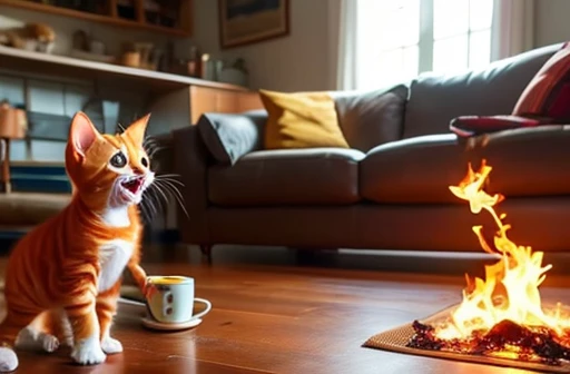 “In the living room of a cozy house during the night, an orange kitten named Mia curiously finds an unattended lighter on the coffee table. As she plays with it, accidentally sparking a flame, the nearby curtain catches fire. The flames quickly spread, filling the room with smoke and a growing blaze. Mia looks on in fear and confusion as the once warm and safe living room becomes engulfed in chaos."

