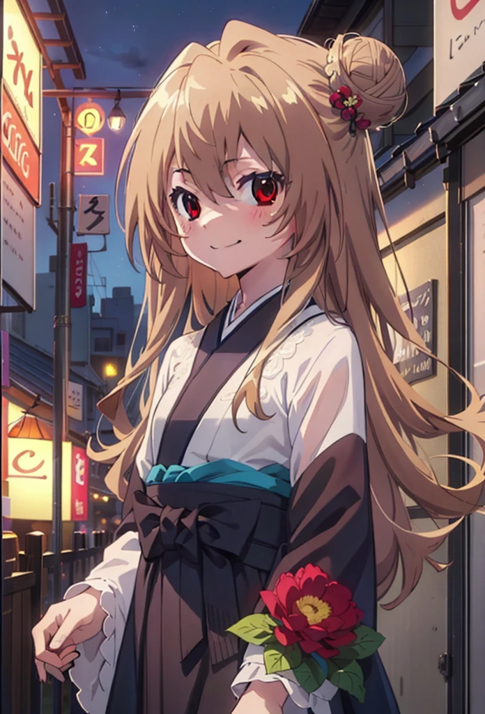 taiga aisaka, taiga aisaka, Long Hair, Brown Hair, Brown eyes,happy smile, smile, Close your mouth,Hair Bun, single Hair Bun,Flower Hair Ornaments,Black kimono,Thick sleeves,,Japanese Festivals,Summer festival food stalls,Red lantern,night,As if your whole body is in the illustration,Walking, break looking at viewer, Upper Body (Cowboy Shot:1. 5),
break outdoors, Area,
break (masterpiece:1.2), Highest quality, High resolution, unity 8k wallpaper, (shape:0.8), (Beautiful attention to detail:1.6), Highly detailed face, Perfect lighting, Highly detailed CG, (Perfect hands, Perfect Anatomy),