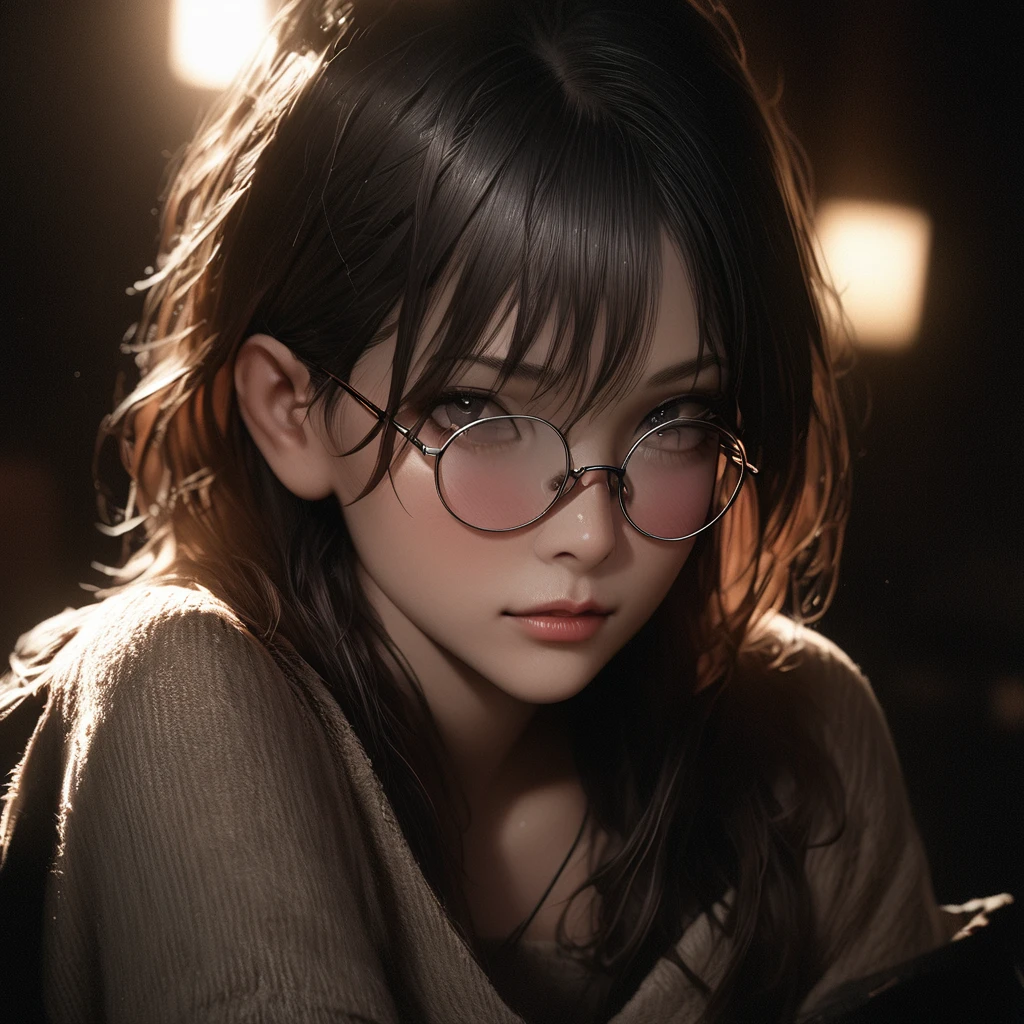 Best quality, masterpiece, ultra high res, (photorealistic:1.4), raw photo, 1boy, offshoulder, in the dark, deep shadow, low key, cold light, glasses, detailed skin, upper body