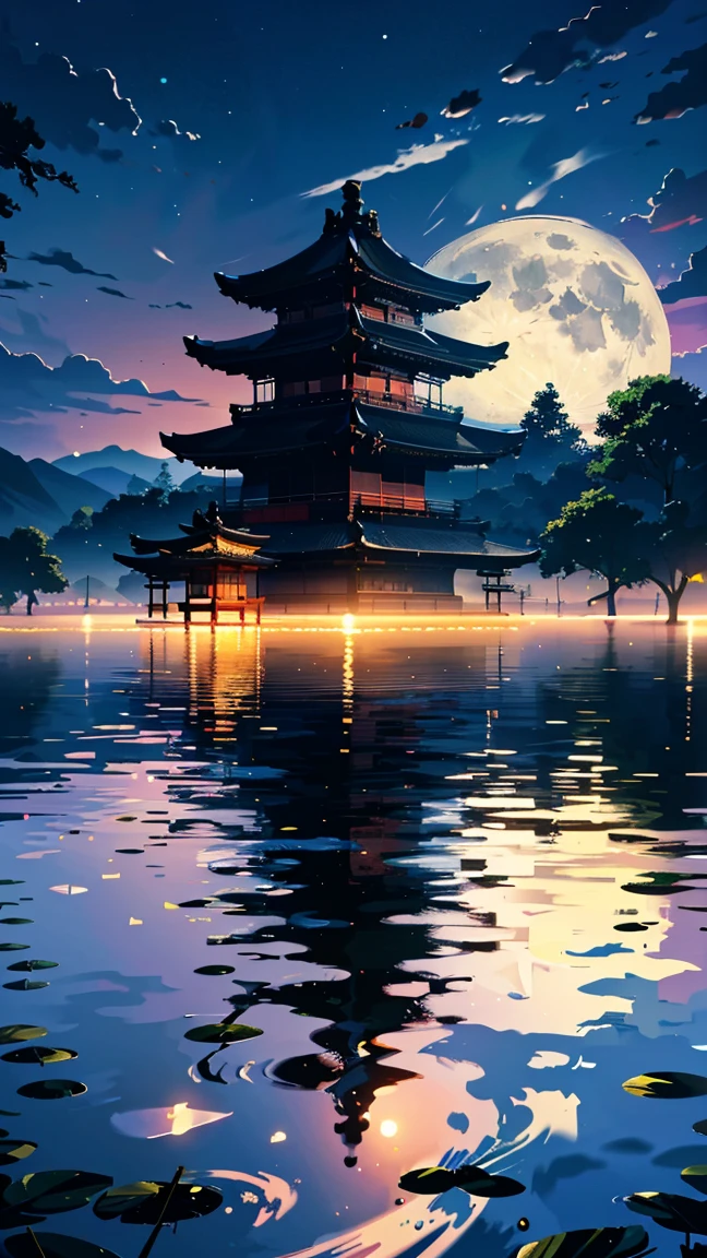 The full moon reflected in the rice fields、The silhouette of an old shrine spreads out in the background.