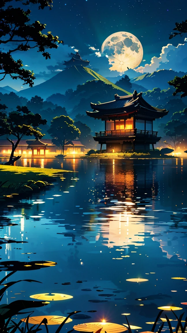 The full moon reflected in the rice fields、The silhouette of an old shrine spreads out in the background.