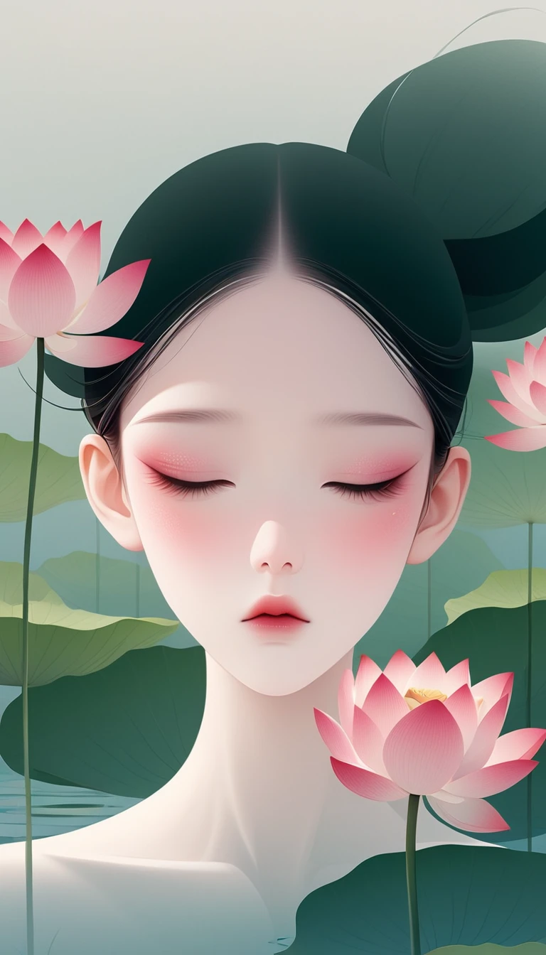 vector，Flat form，illustration，The Minimalists，数字艺术illustration，Pink hue，Abstract，artistic conception，A girl，Pretty Face，Black Hair，Lotus pond，Diving sensation，Upper white space。