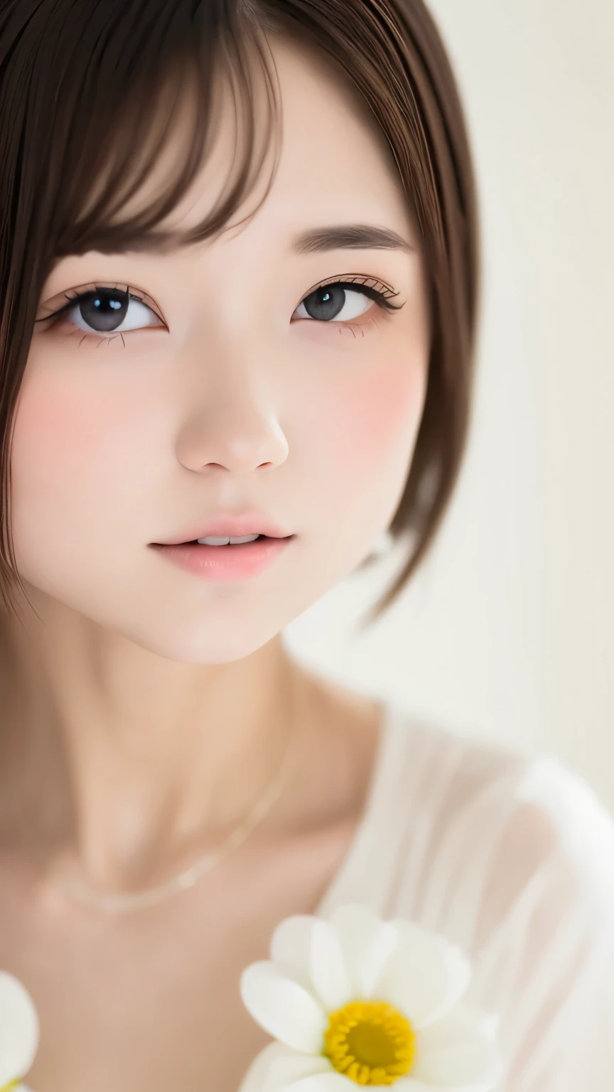 Portraiture、masterpiece:1.3、One Girl、Baby Face、Natural look、very cute、Brown Hair、Short Bob、small red earrings、Fuller lips、No makeup、White T-shirt、Focus on the face、最high quality、High resolution、Very detailed、high quality、Detailed explanation、８ｋ、(((Blurred Background、White wall、White Background、White world、Flower Illustration、Flower Illustrationの壁、壁にFlower Illustration、Flower Illustrationが描いてある壁、Photo Studio:1.5、Cinema Lighting、Professional Photographer)))