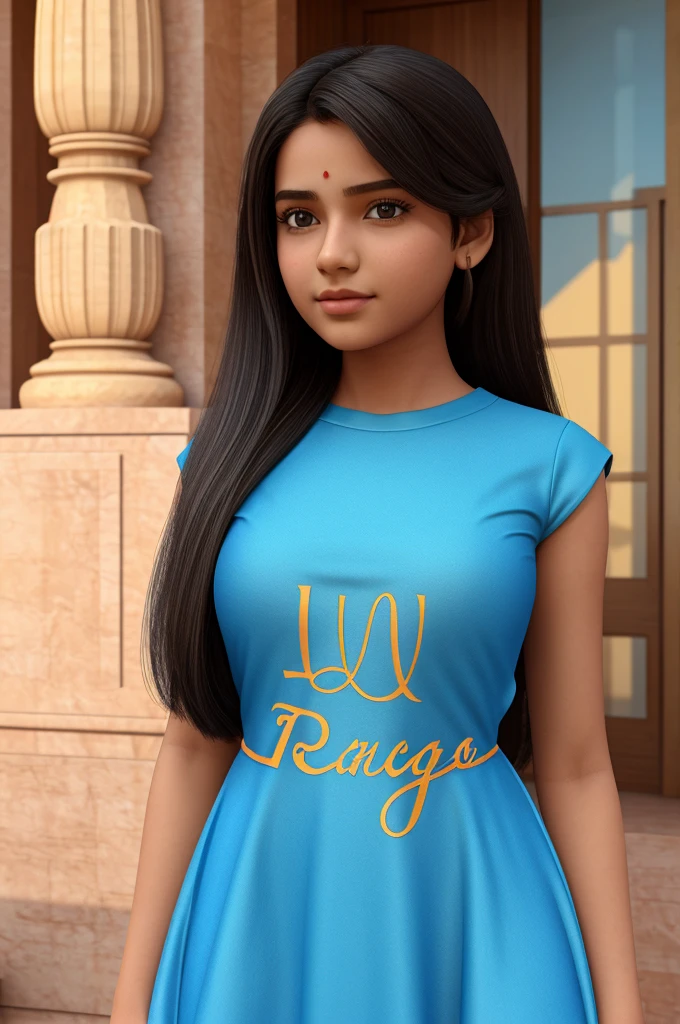 A teenager girl in front of lord Ramapir,the girl wearing a dress and Hetvi name is written on it,in 3d Cartoon
