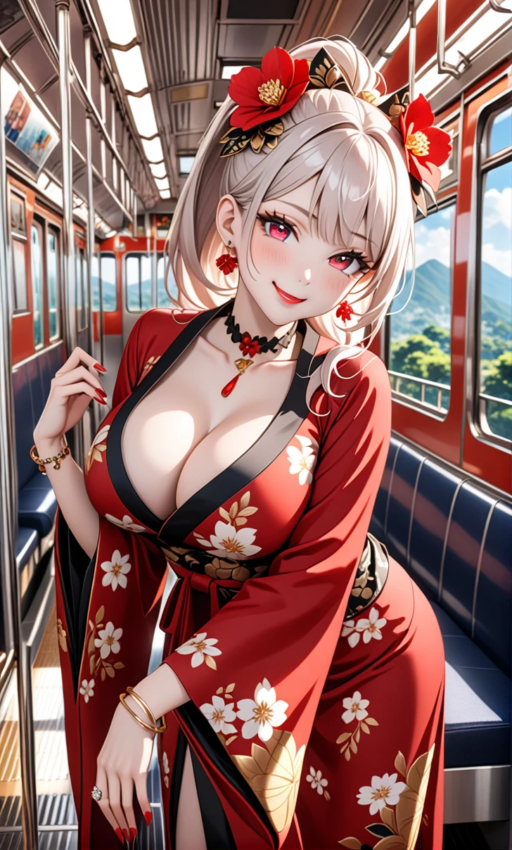 ultra-detailed, ((one girl)), (pale skin:1.3), in pastel colors eyes, (blue eyes), perfect body, (heavy makeup), hyper detailed, absurdres, 8K, Beautiful Face, (Laugh shyly), ((teasing smile:1.8)), ((Wink:1.6)), (Laugh with your mouth wide open),((Tilt your head:1.6)), View your viewers, ((Bright red cheeks:1.6)),Glossy Red Lips, ((Big Breasts:1.5)), (show off breast), noon, on the train, (Brighten your face), ((Anime style background)),masterpiece, Highest quality, so beautiful,Latest, Complex details, (Pink long nails), (nail art), (ring),(bracelet), (Floral Choker),AI-generated, Complex,High resolution, Highest quality, super high quality,3D Images、3D Images,One person,Long white hair,(High Ponytail), (wavy hair:1.2), Anime woman in black kimono posing for a photo, ((Fine grain、blue eyes、glowing eyes:1.4)), (Squint your eyes:1.1),a hyperRealistic , hyperRealistic , Realistic,Anime woman with long white hair, Smooth anime CG art, ((Girl in black kimono)),Gold embroidery, ((black furisode)),(Large red floral pattern), ((undressing)), Long flower hair ornament,Floral Earrings,Mature Body, tall,Narrow waist, , ((leaning forward:1.5)), ((front view)),