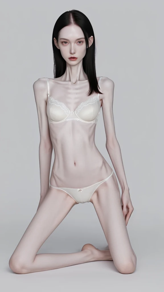 a woman, very thin body, body visible bones, very slender,sweaty weat body, pale white skin, panties, bra,tatto, full body, has a mental break down , sit kneeling