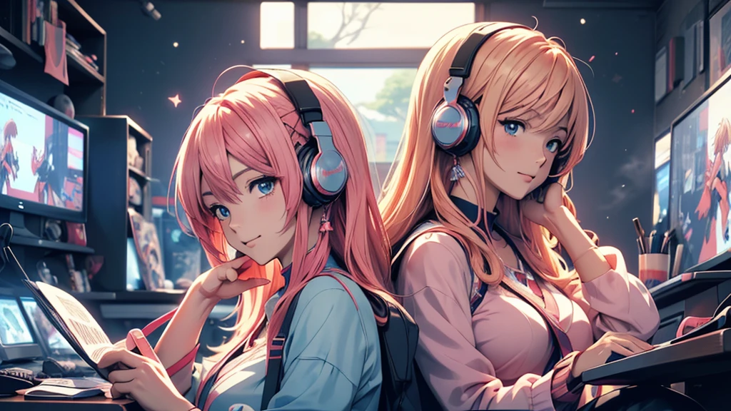 Woman wearing headphones, Anime Style 4 k, anime wallpaper 4k, anime wallpaper 4k, 4k anime wallpaper, anime art wallpaper 4k, anime art wallpaper 4k, Anime Style. 8K, Anime atmosphere, , Ultra HD Anime Wallpaper, Anime Art Wallpaper 8K, Anime Background,landscape、reading、Home