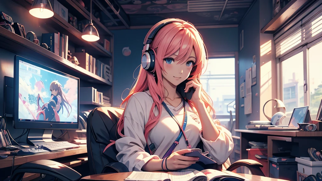 Woman wearing headphones, Anime Style 4 k, anime wallpaper 4k, anime wallpaper 4k, 4k anime wallpaper, anime art wallpaper 4k, anime art wallpaper 4k, Anime Style. 8K, Anime atmosphere, , Ultra HD Anime Wallpaper, Anime Art Wallpaper 8K, Anime Background,landscape、reading、Home