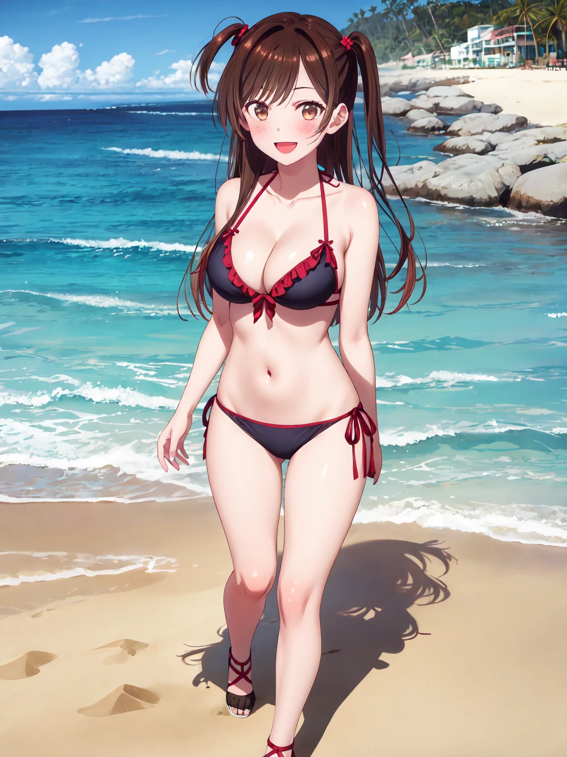 Masterpiece ,best quality , high resolution , (1 girl solo:1.38) , (chizuru ichinose, long hair, bangs, brown hair, (brown eyes:1.2), one side up,) , (cleavage:1.2) , (medium breast:1.28) , ( wear bikini , stockings) , (cleavage:1.15) , (big breast:1.1) , (face view , front view , from front , look at view ) , (outdoor , sea , ocean,  sand , beach) ,  (standing , thighs ) , ( smile , open mouth , full face blush , shy )