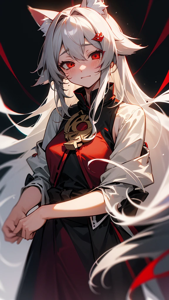 Highest quality I have long hair Gray Hair Hina Sorazaki Red eyes I don't have anything vampire Odd Eye kind Miko costume Cat ear Embarrassed Background Black Two people