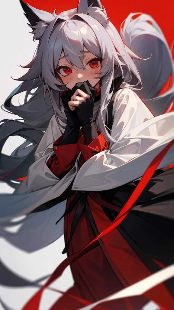 Highest quality I have long hair Gray Hair Hina Sorazaki Red eyes I don't have anything vampire Odd Eye kind Miko costume Cat ear Embarrassed Background Black Two people
