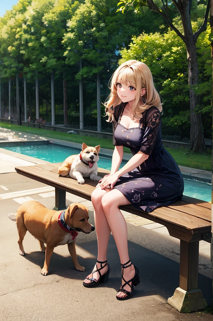Highest quality, A woman was sitting on a bench , summer_dress, dogs printed in the dress