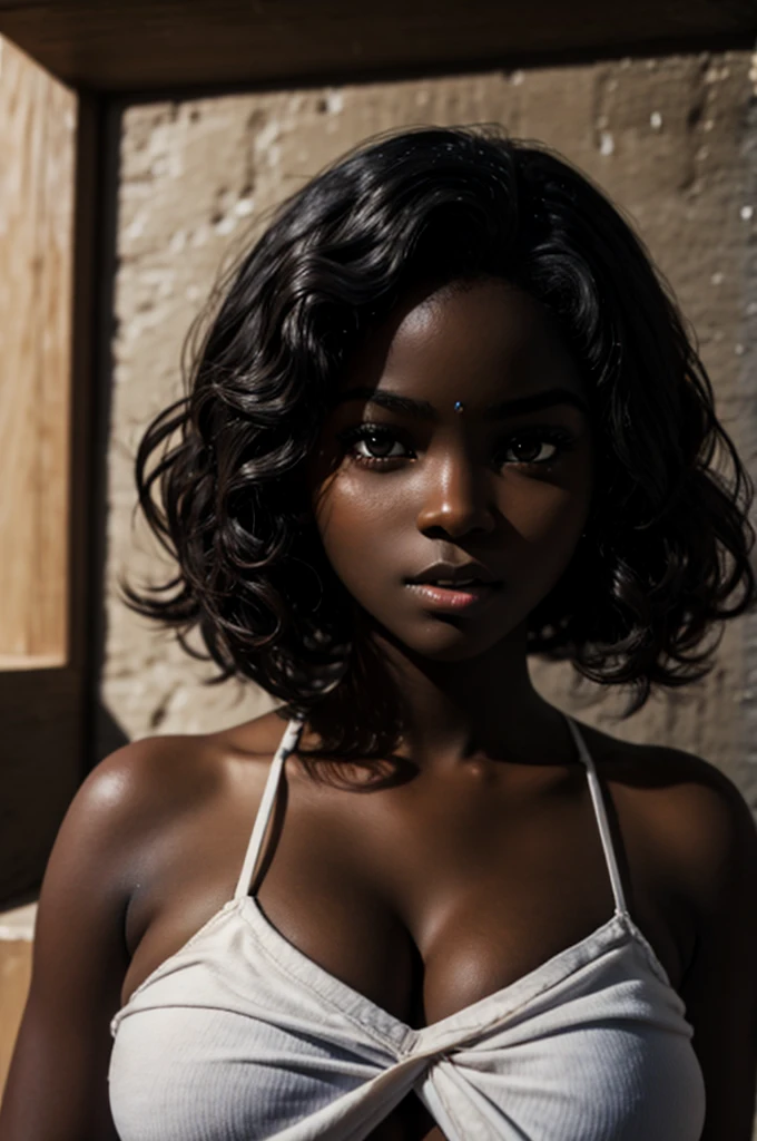 cute, Dark skin, teenager, beautiful face, deep ebony, showing big breasts, SFW