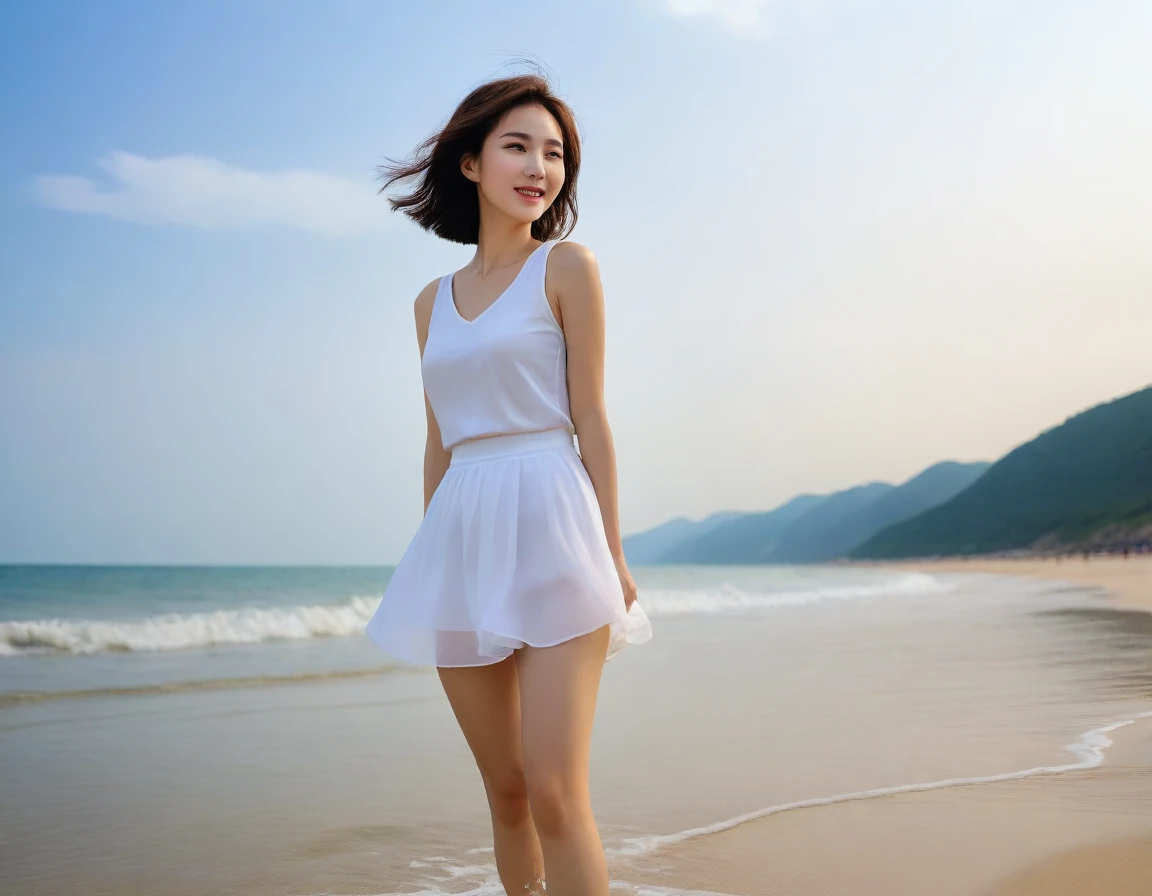 8K, sunset red sun on the beach,A strong lingering scent is reflected in the sea., Beautiful 36-year-old short Korean woman, Chest size 34 inches, Wear sleeveless, light and short white skirt. beautiful pretty woman look , wearing a light skirt , Go far into the sea water and dip your toes., Short medium hair blowing in the wind, 1 woman, beautiful eyes, a little smile, Full-body photo taken from afar with a wide-angle lens, Danang Beach in Vietnam with clean and perfect background, the waves are coming, The picture quality is very clear and clear