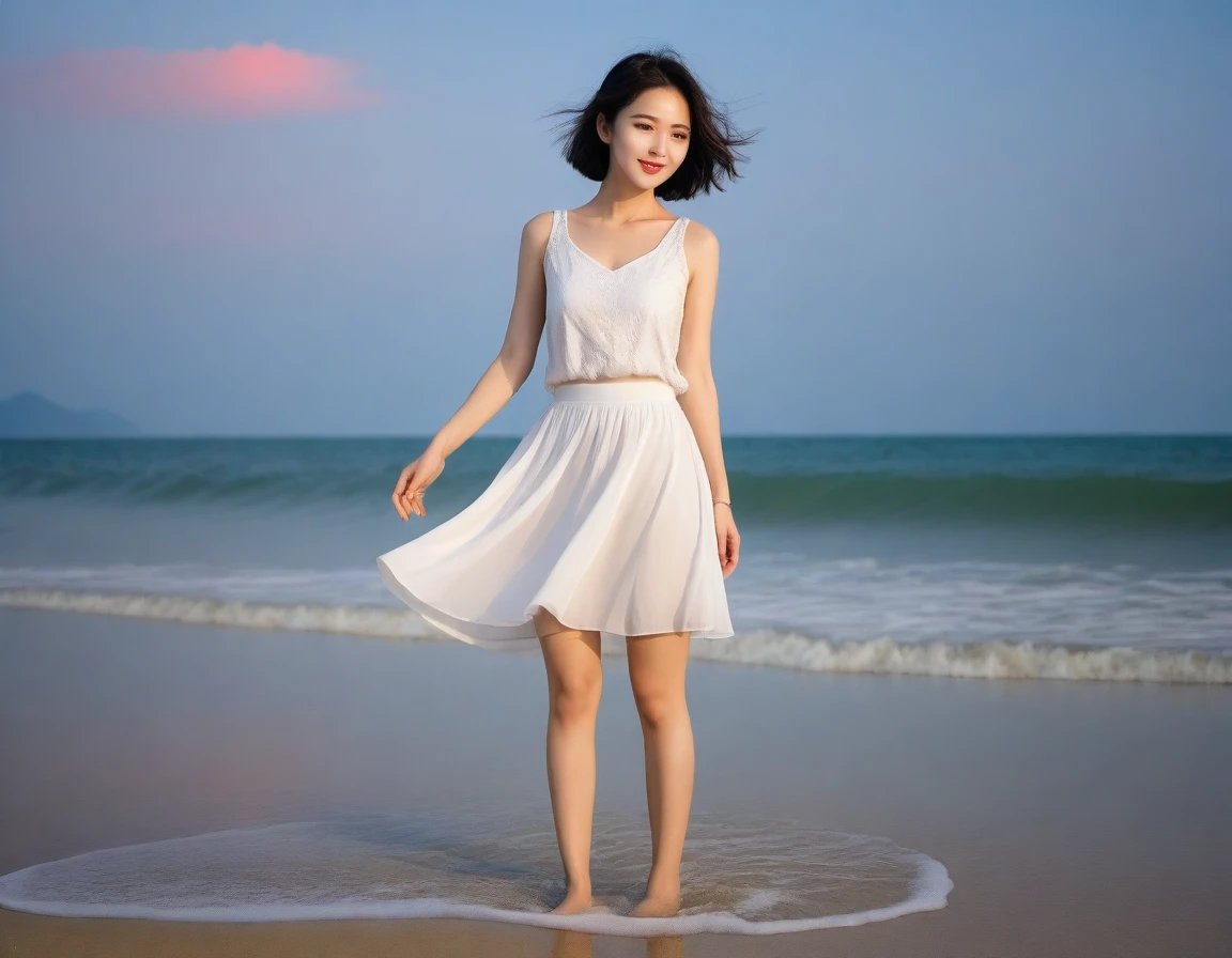 8K, sunset red sun on the beach，A strong lingering scent is reflected in the sea., Beautiful 36-year-old short Korean woman, Chest size 34 inches, Wear sleeveless, light and short white skirt. beautiful pretty woman look , wearing a light skirt , Go far into the sea water and dip your toes., Short medium hair blowing in the wind, 1 woman, beautiful eyes, a little smile, Full-body photo taken from afar with a wide-angle lens, Danang Beach in Vietnam with clean and perfect background, the waves are coming, The picture quality is very clear and clear