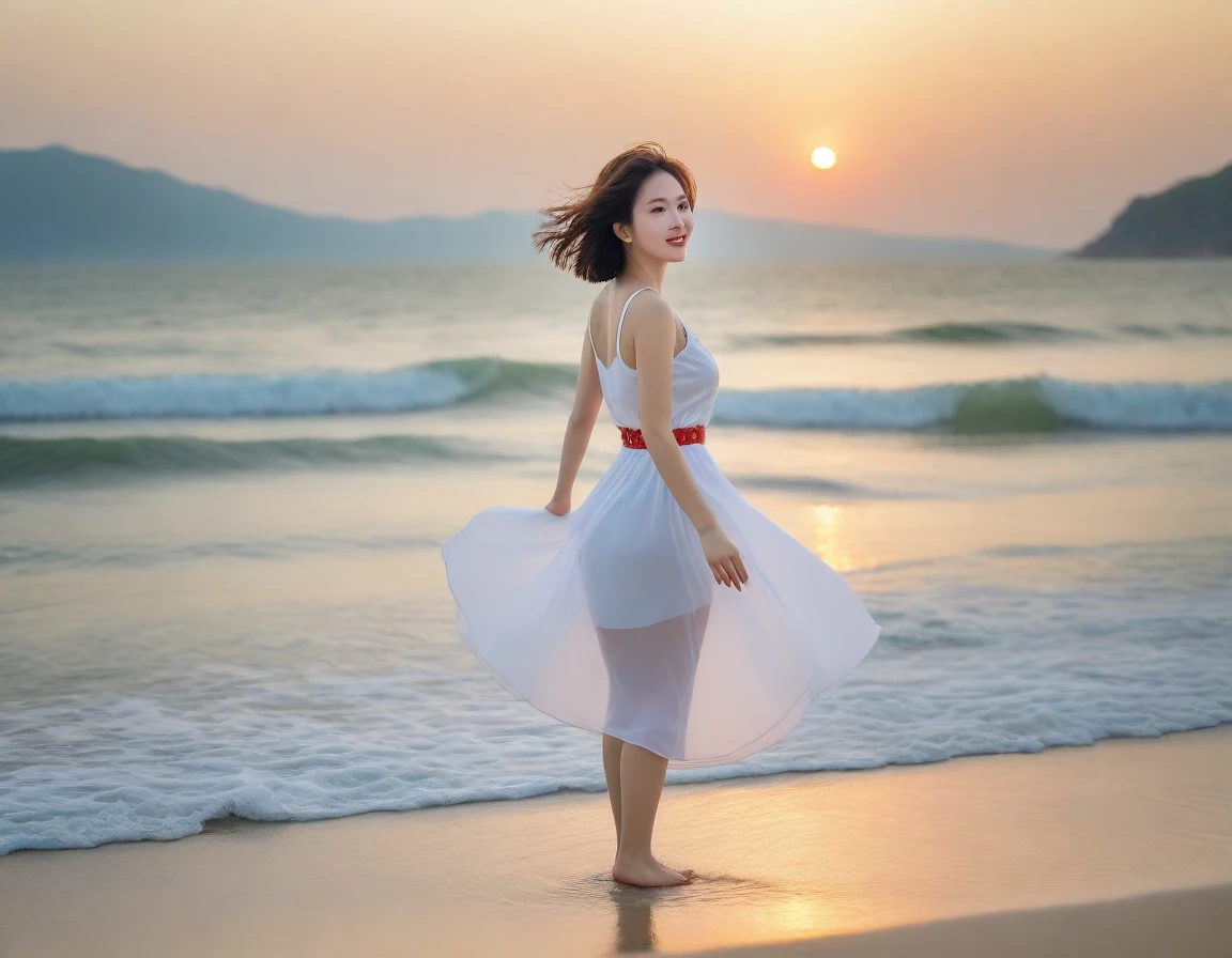 8K, sunset red sun on the beach，A strong lingering scent is reflected in the sea., Beautiful 36-year-old short Korean woman, Chest size 34 inches, Wear sleeveless, light and short white skirt. beautiful pretty woman look , wearing a light skirt , Go far into the sea water and dip your toes., Short medium hair blowing in the wind, 1 woman, beautiful eyes, a little smile, Full-body photo taken from afar with a wide-angle lens, Danang Beach in Vietnam with clean and perfect background, the waves are coming, The picture quality is very clear and clear
