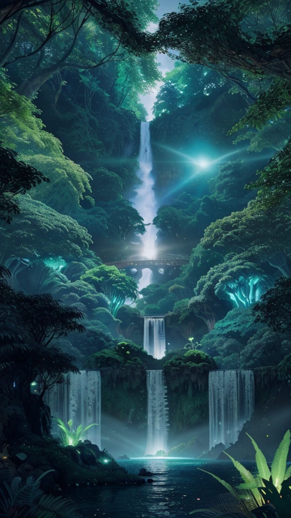 Envision a civilization near a glowing waterfall in a lush forest. Fantasy, another dimension. Hyperrealistic, UHD, HD, 8K,  