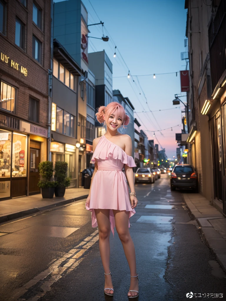 (8k, RAW photo, best quality, masterpiece:1.2), (realistic, photo-realistic:1.4), (extremely detailed 8k wallpaper), Japanese 20 age woman, She’s wearing comfortable wedges and stylish accessories, her hair in a casual updo. The image captures her full body against the backdrop of a stunning cityscape at dusk, emphasizing her laid-back style and the romantic evening atmosphere,(sexy costume),One-shoulder dress,A smile that invites others,cute pink hair ,