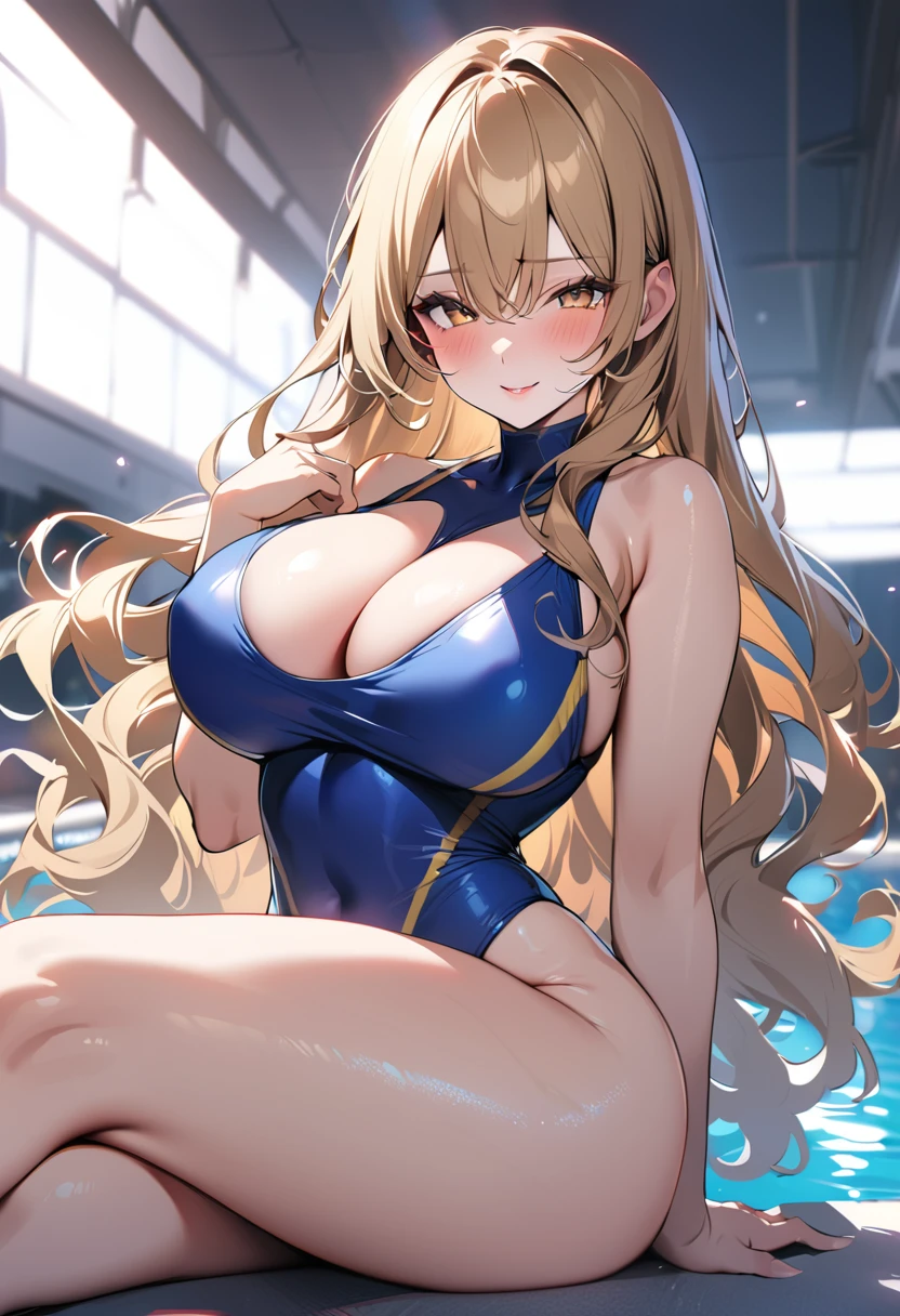 1 lady, 20 years old, blonde hair, long hair, wavy hair, light brown eyes, huge breasts, seductive smile, blush,
BREAK (masterpiece), (high resolution 8K), cinematic lighting, professional lighting, detailed eyes and face, detailed body,
BREAK blue competitive swimsuit, pool
