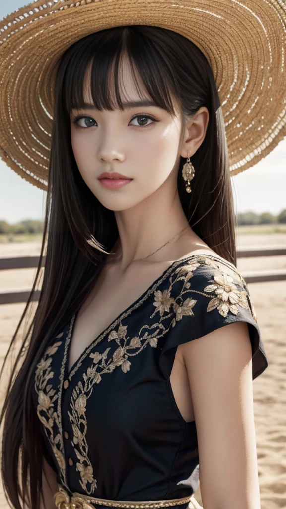 1girl, solo focus, cowboy shot, contemptuous, disdain, black eyes, bangs, , black hair, masterpiece, best quality, ultra quality, high quality, realistic, photo realistic, RAW photo, hyper detailed, intricate detailed, summer, wind, sunlight,